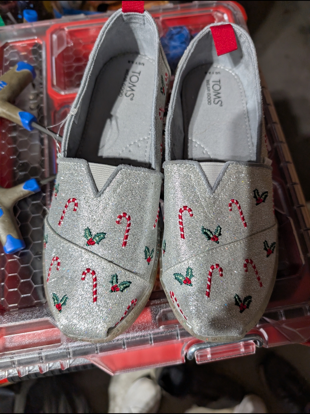 TOMS Silver Glitter Slip-On Shoes with Candy Cane Embroidery